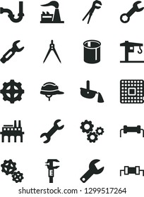 Solid Black Vector Icon Set - repair key vector, crane, adjustable wrench, sewerage, helmet, factory, industrial enterprise, gear, gears, processor, pipes, steel, caliper, production, resistor