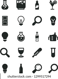 Solid Black Vector Icon Set - matte light bulb vector, incandescent lamp, magnifier, measuring cup for feeding, mercury thermometer, interroom door, a glass of tea, cocktail, bottle soda, liquor