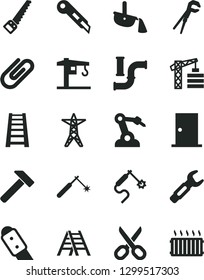 Solid Black Vector Icon Set - scissors vector, crane, tower, adjustable wrench, arm saw, stepladder, ladder, ntrance door, knife, stationery, hammer, clip, water pipes, power line, welding, gas