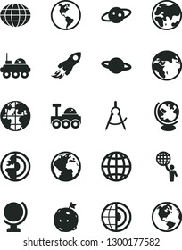 Solid Black Vector Icon Set - sign of the planet vector, globe, earth, scribed compasses, space rocket, core, saturn, lunar rover, man hold world, flag on moon