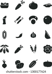 Solid Black Vector Icon Set - fried vegetables on sticks vector, slices of onion, lettuce in a plate, meat skewers, cabbage, tomato, beet, garlic, carrot, squash, goji berry, sweet date fruit