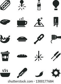 Solid Black Vector Icon Set - electronic thermometer vector e, mercury, temperature, boiler, coffee, loaf, Hot Dog, noodles, pie, porridge, chop, barbecue, chili, coffe to go, bottle of soda, sun