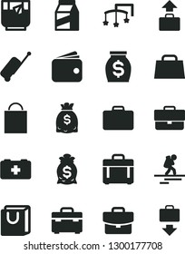 Solid Black Vector Icon Set - briefcase vector, paper bag, toys over the cot, of a paramedic, suitcase, case, with handles, package, glass tea, wallet, money, dollars, hand, backpacker, rolling