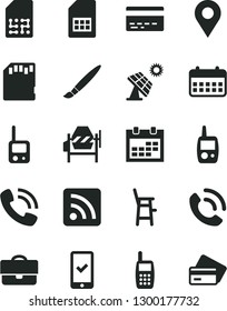 Solid Black Vector Icon Set - tassel vector, calendar, bank card, rss feed, toy phone, mobile, a chair for feeding child, concrete mixer, call, big solar panel, SIM, location, portfolio, sd, credit