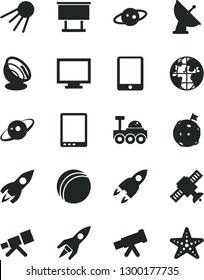 Solid Black Vector Icon Set - monitor vector, bath ball, artificial satellite, billboard, rocket, planet, tablet pc, telescope, antenna, saturn, lunar rover, flag on moon, starfish