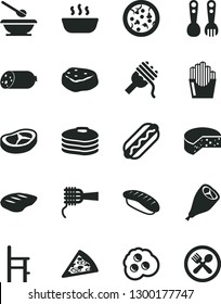 Solid Black Vector Icon Set - plates and spoons vector, a chair for feeding, plastic fork, sausage, cheese, pizza, piece of, Hot Dog, spaghetti, noodles, porridge, grill chicken leg, bacon, chop