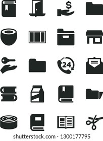 Solid Black Vector Icon Set - folder vector, book, e, books, window frame, received letter, 24, package, canned goods, half of coconut, stall, get a wage, arm with key, exit door, grand opening