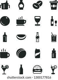 Solid Black Vector Icon Set - measuring cup for feeding vector, bottle, bath ball, coffee, burger, beans, of tea, coffe to go, a glass soda, cocktail, can, orange, piece coconut, wine