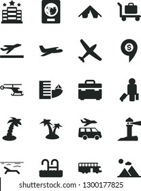 Solid Black Vector Icon Set - suitcase vector, coastal lighthouse, helicopter, dollar pin, plane, bus, passenger, passport, departure, hotel, tent, beach, palm tree, pool, baggage, transfer