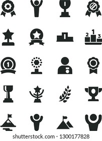 Solid Black Vector Icon Set - pedestal vector, medal, winner, laurel branch, prize, award, cup, gold, star, reward, man hands up, with, motivation, mountain flag, ribbon