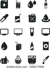 Solid Black Vector Icon Set - measuring cup for feeding vector, e, packing of juice with a straw, drop, screen, glass soda, tea, bottle, liquor, round flask, oil, canister, monitor, test tube