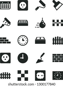 Solid Black Vector Icon Set - brickwork vector, brick wall, big core, building trowel, new roller, paint, power socket type b, f, tile, ceramic tiles, block, putty knife, fence, hedge, clock, watch