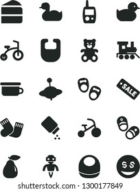 Solid Black Vector Icon Set - baby powder vector, bib, rubber duck, duckling, warm socks, toy mobile phone, children's potty, teddy bear, train, yule, child bicycle, tricycle, piece of cake, pear