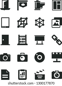 Solid Black Vector Icon Set - camera vector, scribbled paper, spectacles, roll, movie cracker, abacus, window, ntrance door, picture, vintage sign, billboard with illumination, statistical report