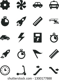 Solid Black Vector Icon Set - truck lorry vector, lightning, stopwatch, wind direction indicator, motor vehicle, child Kick scooter, dangers, timer, car, marine propeller, retro, rocket, space
