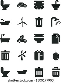 Solid Black Vector Icon Set - bin vector, clean paper, diaper, nappy, children's bathroom, bath, washbasin, toilet, comfortable, shower, dust, folded shirt, passion fruit, windmill, wind energy