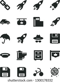 Solid Black Vector Icon Set - floppy disk vector, spectacles, hat with glasses, camera roll, bedside table, tricycle, umbrella, plate, modern gas station, retro car, vintage sign, rocket, space