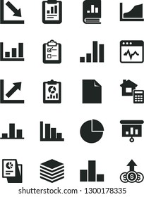 Solid Black Vector Icon Set - clean sheet of paper vector, pie chart, bar, growth, negative, positive histogram, estimate, cardiogram, pile, survey, statistical report, overview, book on statistics