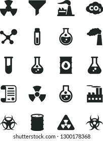 Solid Black Vector Icon Set - round flask vector, manufacture, factory, oil, barrel, industrial building, radiation, carbon dyoxide, filter, research article, test tube, molecule, nuclear, biohazard