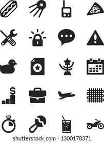 Solid Black Vector Icon Set - warning vector, calendar, stopwatch, beanbag, baby duckling, toy phone, small tools, speech, suitcase, piece of pizza, Hot Dog, a glass soda, weaving, encrypting, plane