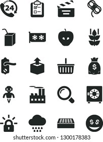 Solid Black Vector Icon Set - grocery basket vector, movie cracker, cloud, packing of juice with a straw, door knob, brick, hawser, magnifier, strongbox, survey, 24, unpacking, mint, tasty apple