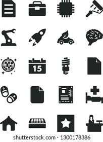 Solid Black Vector Icon Set - clean sheet of paper vector, child shoes, paint roller, portfolio, brick, calendar, energy saving bulb, eco car, assembly robot, motherboard, cpu, file, brain, rocket