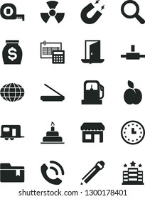 Solid Black Vector Icon Set - graphite pencil vector, magnifier, folder bookmark, birthday cake, measuring tape, calculation, phone call, apple, gas station, kiosk, globe, money, wall watch, scanner