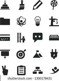 Solid Black Vector Icon Set - bank card vector, birthday cake, wooden paint brush, brick, flowchart, lollipop, bulb, plug, tower crane, pencil, think, folder, atom, clipboard, presentation board