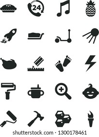 Solid Black Vector Icon Set - paint roller vector, lightning, zoom, mug for feeding, funny hairdo, children's tracks, Kick scooter, new, drawing, hammer with claw, music, 24, artificial satellite