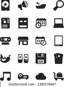 Solid Black Vector Icon Set - children's bathroom vector, Easter cake, chili, stall, magnifier, loudspeaker, tablet pc, notebook, motherboard, web camera, hdd, usb, speaker, floppy, projector, note