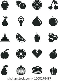 Solid Black Vector Icon Set - birthday cake vector, broken heart, cone, blueberries, pear, pancakes, honeycombs, cherry, ripe peach, half pomegranate, apricot, fig, blackberry, mulberry, tangerine