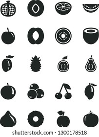 Solid Black Vector Icon Set - cherry vector, peach, half pomegranate, plum, fig, blueberries, mango, water melon slice, tangerine, ripe, tasty, of kiwi, guawa, coconut, pineapple, grapefruit