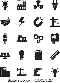 Solid Black Vector Icon Set - lightning vector, cordless drill, bananas, solar panel, oil derrick, modern gas station, barrel, light bulb, hydroelectric, electric plug, industrial building, memory