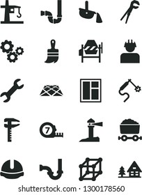 Solid Black Vector Icon Set - concrete mixer vector, window, adjustable wrench, long meashuring tape, wooden paint brush, siphon, sewerage, construction helmet, pavement, builder, tower crane, gears