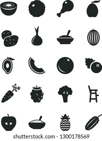 Solid Black Vector Icon Set - a chair for feeding child vector, bowl of buckwheat porridge, rice, chicken leg, cabbage, blueberries, orange, tasty apple, blackberry, melon, slice, half mango, loquat