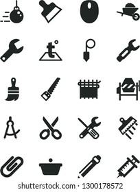 Solid Black Vector Icon Set - repair key vector, scissors, graphite pencil, big core, garden trolley, concrete mixer, small tools, arm saw, wooden paint brush, plummet, putty knife, spatula, clip