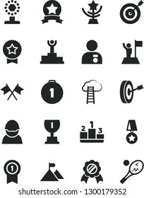 Solid Black Vector Icon Set - pedestal vector, racer, winner podium, award, cup, star, man with medal, flag, mountain, target, purpose, first place, pennant, ribbon, cross flags, cloud ladder