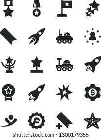 Solid Black Vector Icon Set - add bookmark vector, star gear, rocket, lunar rover, bang, cup, reward, flag, medal, hero, dollar, stars around man, three, flying, starfish