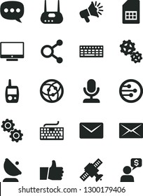 Solid Black Vector Icon Set - keyboard vector, toy mobile phone, thumb up, screen, gears, satellite antenna, SIM card, connections, loudspeaker, speech, router, network, mail, microphone