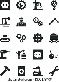 Solid Black Vector Icon Set - tower crane vector, builder, hook, gears, cordless drill, power socket type f, gear, hammer, core, working oil derrick, factory, production conveyor, welding, three