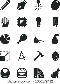 Solid Black Vector Icon Set - graphite pencil vector, baby bib, color samples, electronic boiler, hammer with claw, core, expand picture, big burger, chicken leg, fried potato slices, pear, coconut