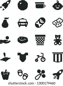 Solid Black Vector Icon Set - wicker pot vector, Child T shirt, baby rattle, tumbler, children's potty, teddy bear, funny hairdo, small yule, bicycle, shoes for little children, car, cabbage, peper
