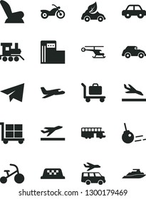 Solid Black Vector Icon Set - cargo trolley vector, paper airplane, car child seat, motor vehicle, baby toy train, tricycle, core, modern gas station, eco, retro, helicopter, plane, bus, taxi, yacht