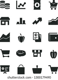 Solid Black Vector Icon Set - paper bag vector, purse, growth up, line chart, graph, put in cart, kiosk, piece of meat, Bell pepper, ripe, oil, shopping basket, coins, statistical research, arrow