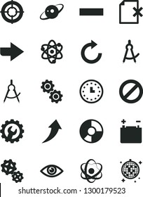 Solid Black Vector Icon Set - prohibition vector, right direction, minus, clockwise, gear, eye, delete page, accumulator, gears, scribed compasses, ring diagram, wall watch, atom, drawing compass