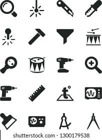 Solid Black Vector Icon Set - yardstick vector, zoom, drumroll, drum, cordless drill, putty knife, stationery, temperature, hammer, magnifier, mercury thermometer, outdoor, magnifying glass, filter