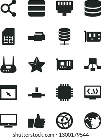 Solid Black Vector Icon Set - star vector, thumb up, screen, big data server, SIM, connections, hierarchical scheme, cpu, pc card, router, network, browser, connect, coding, lan connector, earth
