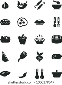 Solid Black Vector Icon Set - deep plate with a spoon vector, plastic fork spoons, iron, sausage, canned goods, pie, apple, porridge in saucepan, lettuce, chicken thigh, chop, meat on skewers, chili