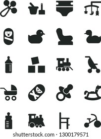 Solid Black Vector Icon Set - toys over the cradle vector, dummy, feeding bottle, measuring for, diaper, baby rattle, chair, carriage, summer stroller, rubber duck, duckling, roly poly doll, tumbler