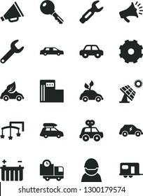 Solid Black Vector Icon Set - truck lorry vector, horn, toys over the cot, motor vehicle, present, key, delivery, big solar panel, modern gas station, battery, racer, eco car, electric, repair